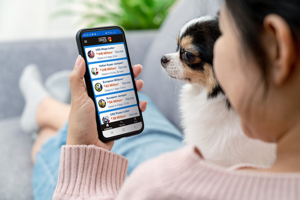 Player with dog using Lottery Office app