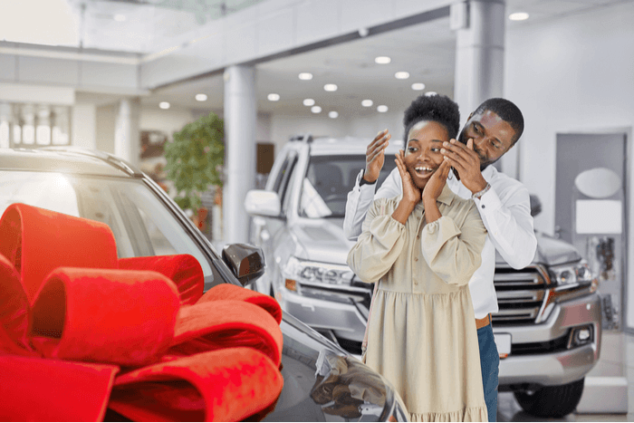 Man surprising partner with new car