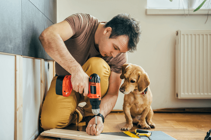 Man drilling screw with puppy watching
