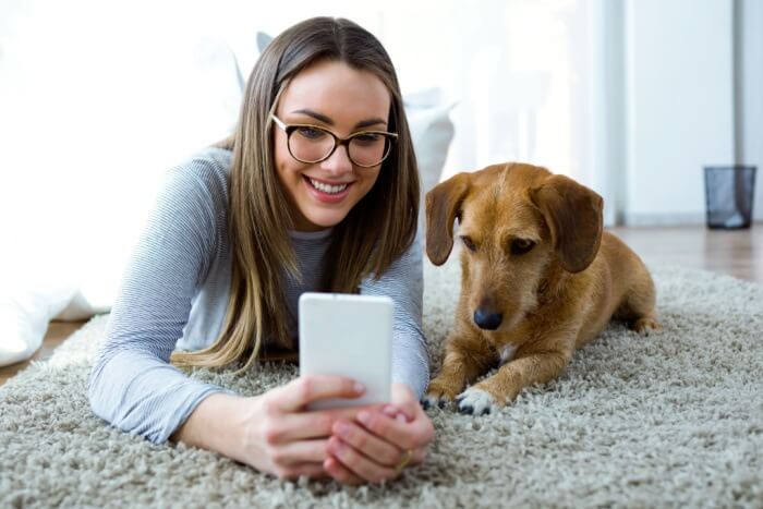Woman with phone and dog watching