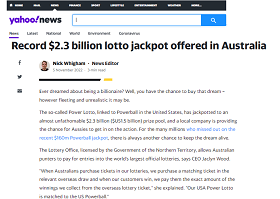 Record $2.3 billion lotto jackpot offered in Australia