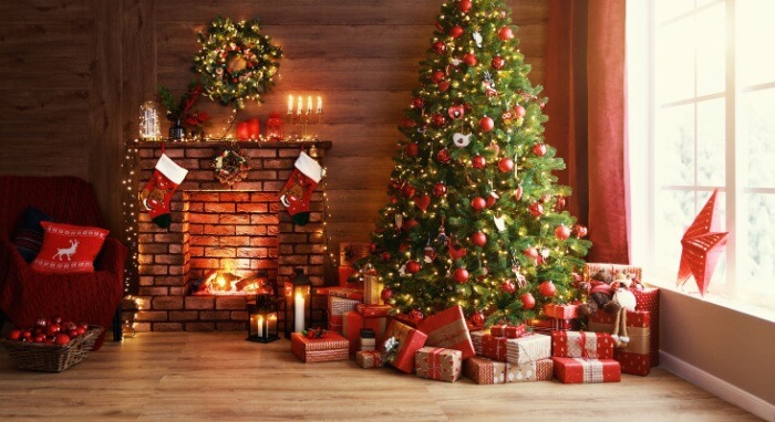 Christmas tree, fireplace and presents